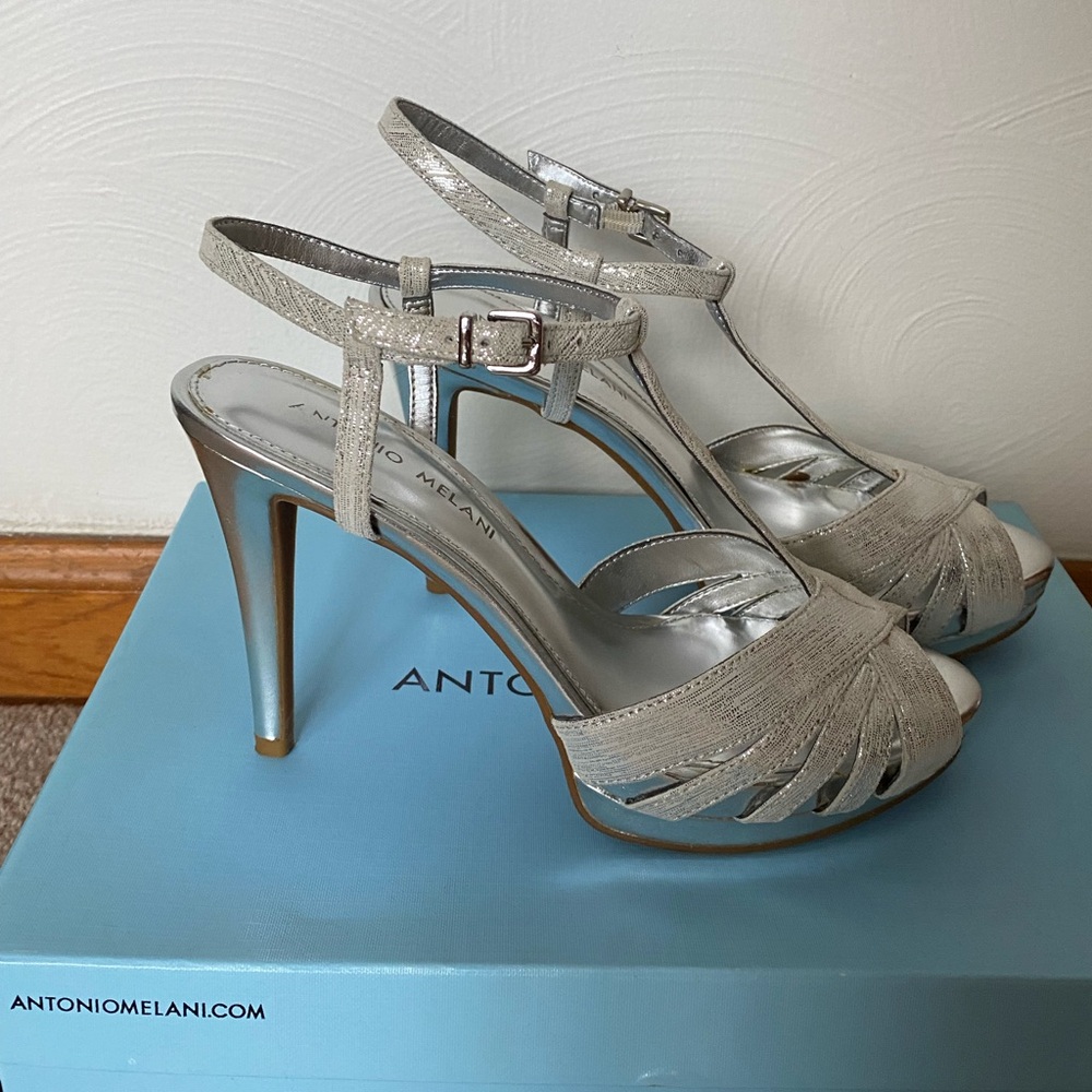 Antonio Melani “Paulina” Silver T-strap Heels